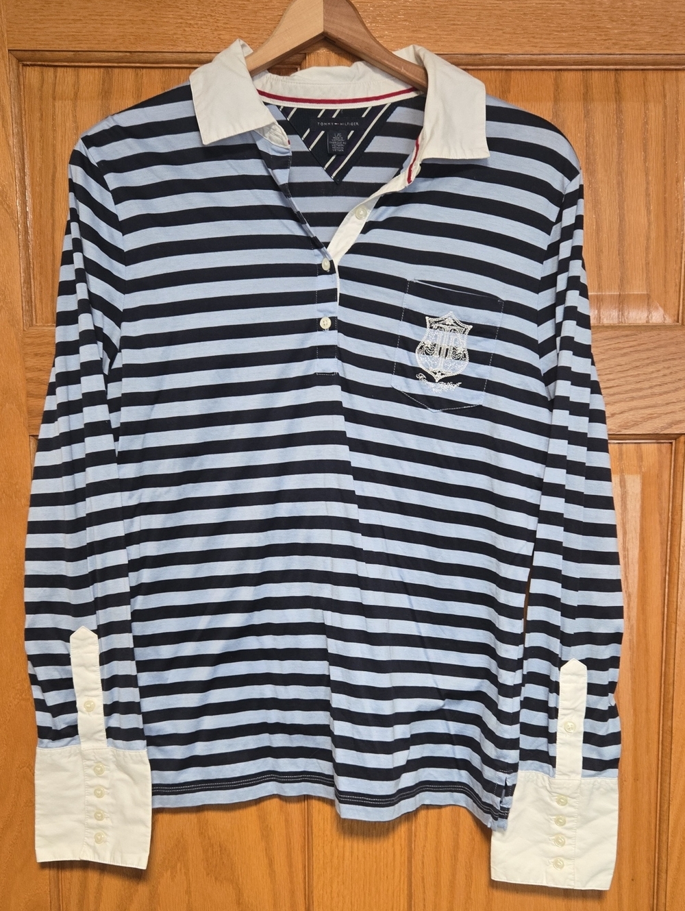 Tommy Hilfiger Long-Sleeve Striped Polo — Light Blue & Navy Women's